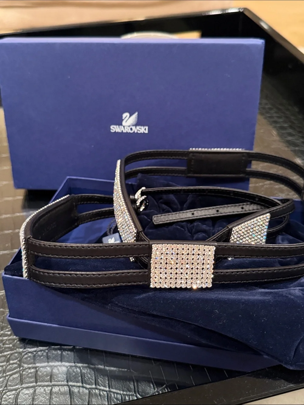 Swarovski Black Leather Belt with Crystal Pavé Buckle